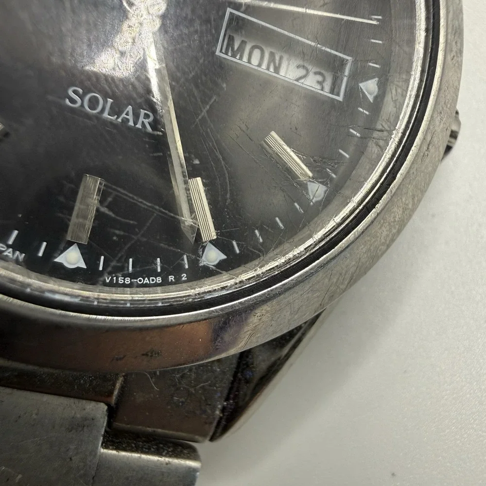 Seiko Men V158-0AB0 Dress Black Dial‎ Day Date Stainless Solar 37mm Watch